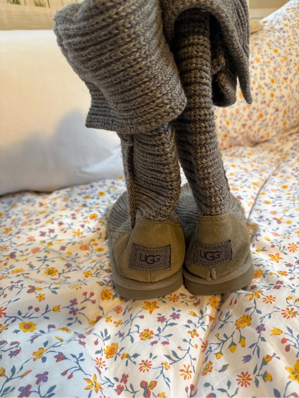 UGG Olive Green Knit Shaft Suede-Trim Kids Boots